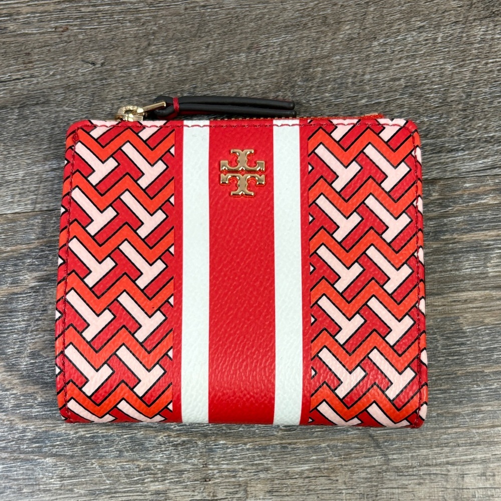 Tory Burch Red Geo-Print Leather Zip Wallet